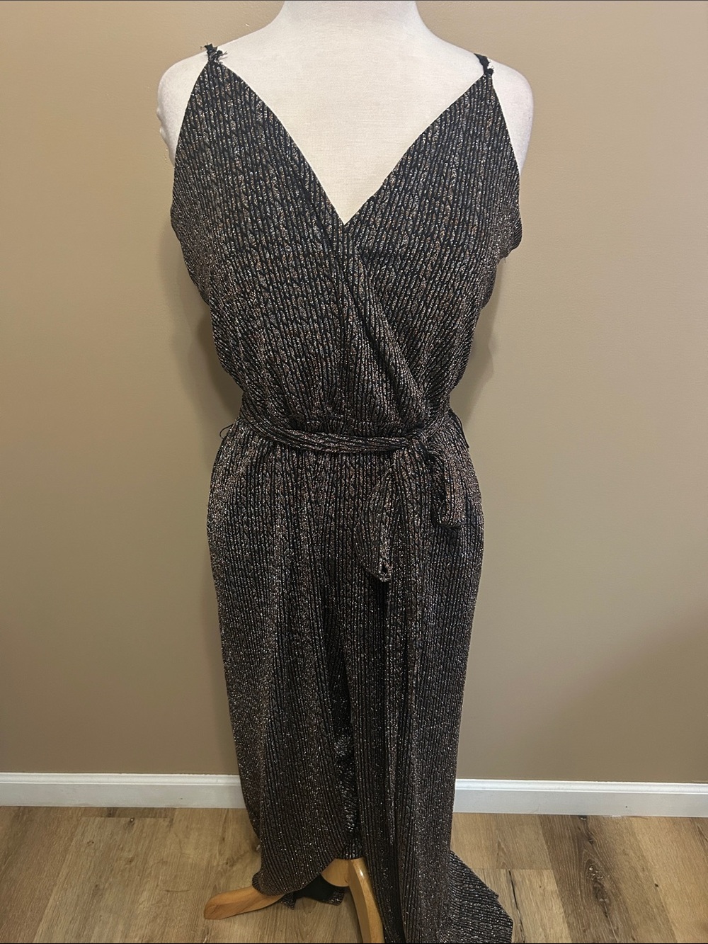 Jennifer Lopez Black Metallic Wrap-Front Jumpsuit with Tie Waist